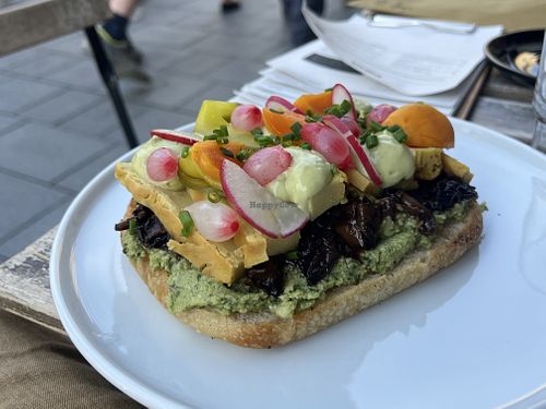 Delicious Focaccia with marinated portabello mushrooms, cashew based creamy sauce and pickled onions.  at SKØG Urban Hub in Brno