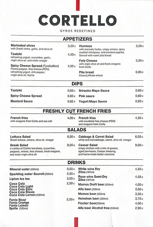 menu at Cortello in Corfu