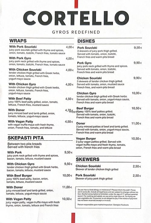 menu at Cortello in Corfu