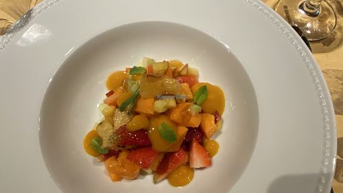 Fruit Salad with Apricot Mousse, Celery & Mintt  at Trattoria Officina in Wien