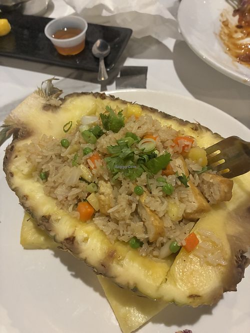 Pineapple fried rice, ordered vegan by omitting the pork and egg.  at Blu Basil Asian Fusion in Lafayette