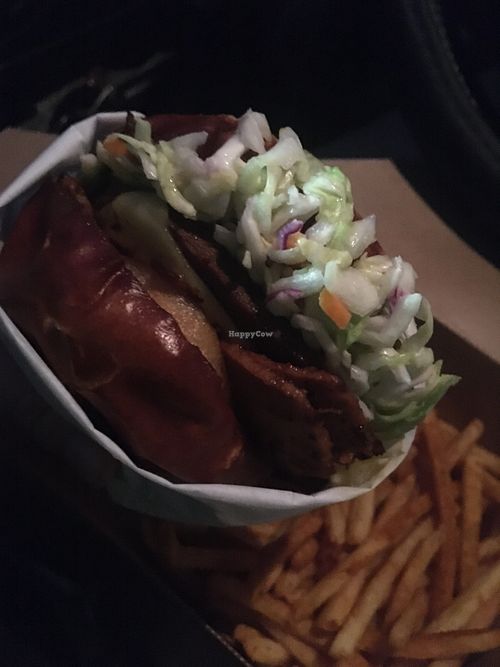 BBQ burger to go - look at all that slaw! at Native Foods - Point Loma in San Diego