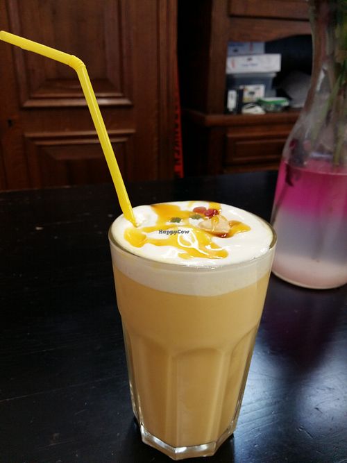 Vegan mango lassi. at Veggiesaurus in The Hague