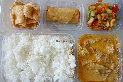 A Veggiesaurus Food Box, all vegan -  jasmine rice, spicy red curry, spring rolls, cassava chips and Thai salad with cashews. at Veggiesaurus in The Hague