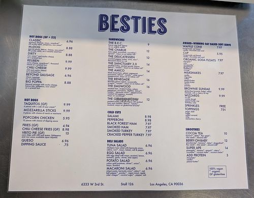 Menu as of 7/27/2025 at BESTIES Vegan Paradise - The Market in Los Angeles