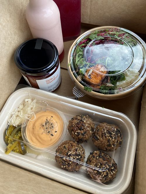 Tempeh balls, 3 x salads, sambal, tahini dressing and beetroot gut tonic to takeaway   at Gut Feeling Fermentation  in Port Elliot