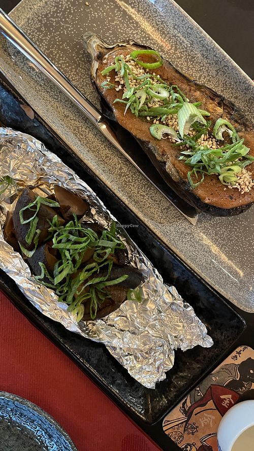Nasu dengaku (miso eggplant) & shiitake no tutumiyaki (grilled shiitake)  at Izakaya Ekimae in Sankt Gallen