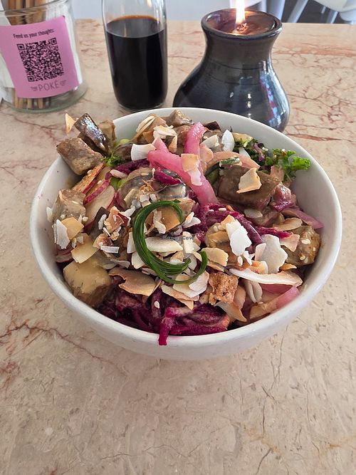 Using eggplant bowl at The Poke Co. in Stellenbosch