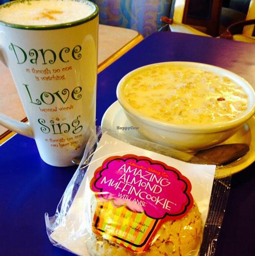 almond milk latte, granola with soy milk and vegan cookie! at Campus Coffee Bean in Flagstaff