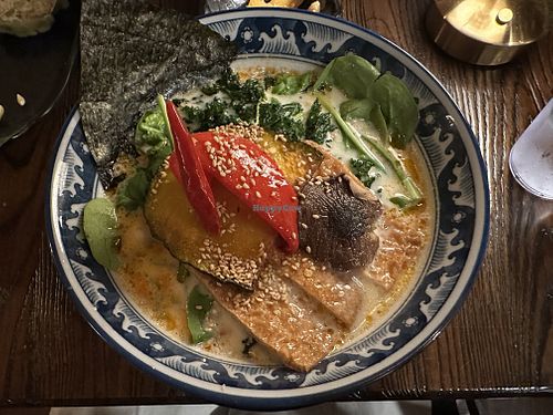 Creamy ramen (soy milk in the broth, with inari and acorn squash on top)  at Hinodeya in Newark