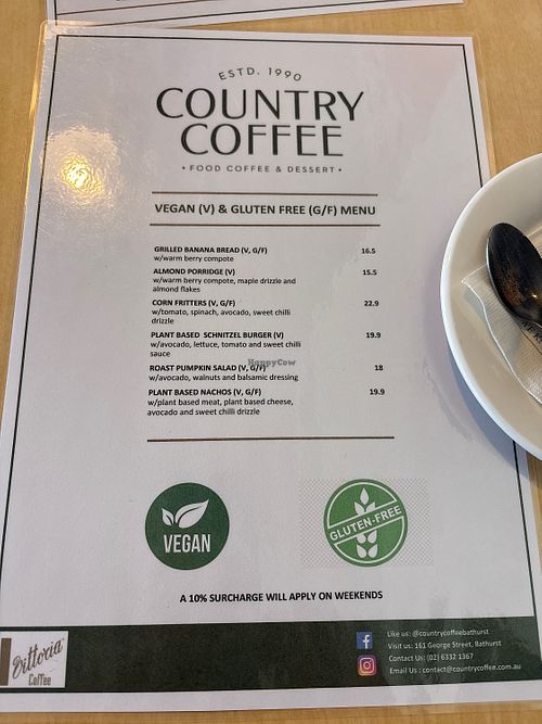 Vegan/ GF menu  at Country Coffee in Bathurst