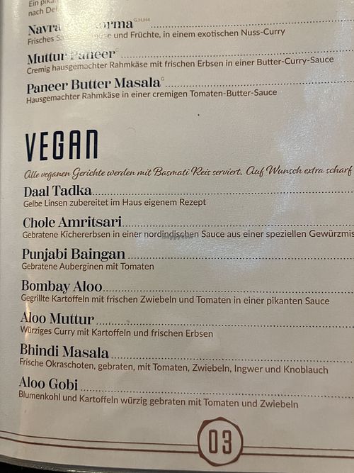 The menu  at India Haus in Berlin