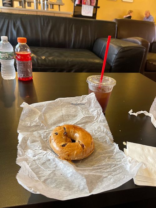 Cinnamon raisin bagel with peanut butter and cold brew coffeee  at Gunther Tooties in Quincy