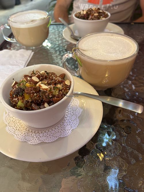Quinoa bowl and Oatmilk London Fog on the patio  at Le Ponce in New Orleans