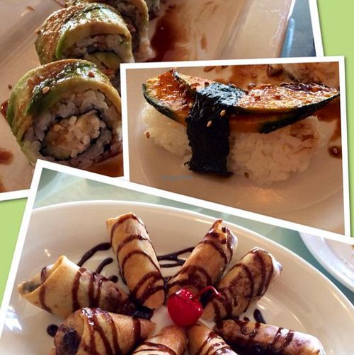 caterpillar roll, nigiri pumpkin, & banana chocolate springroll  at Nu Asia Vegan Restaurant in Albuquerque