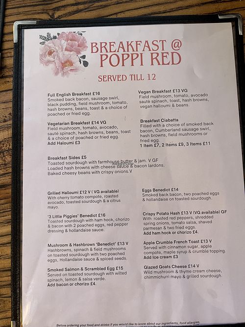 Breakfast menu  at Poppi Red in Hawkshead
