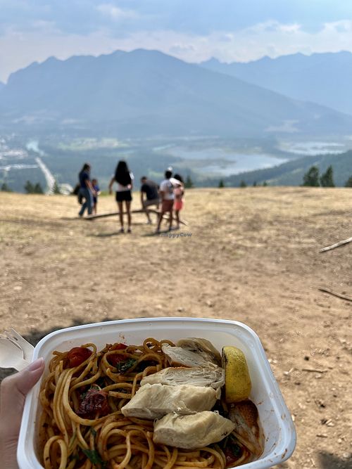 Veganized prawn and tomato linguine with vegan chicken   at The Boss Kitchen & Bar in Banff