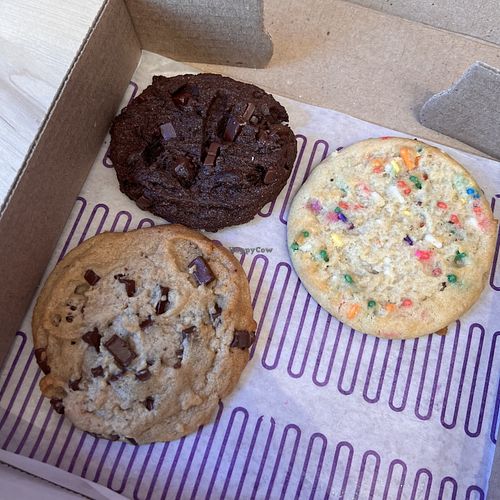 Double choc chunk, choc chunk, birthday cake.   at Insomnia Cookies in Irvine