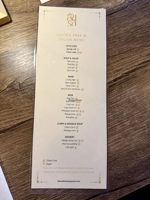 Vegan and gluten free menu  at Lim Ros Thai Restaurant in Maitland