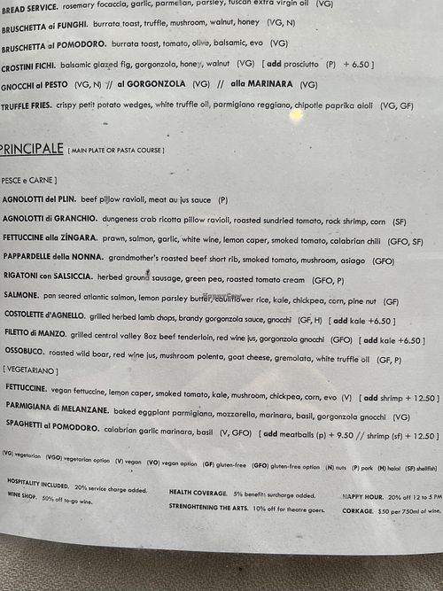 Last two principale menu items are vegan.  at Zingari Steakhouse & Pasta Bar in San Francisco