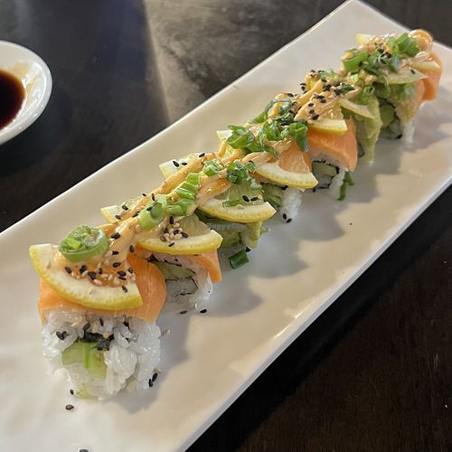 Vegan lemon roll with vegan salmon  at Kumi Sushi Grill in San Diego
