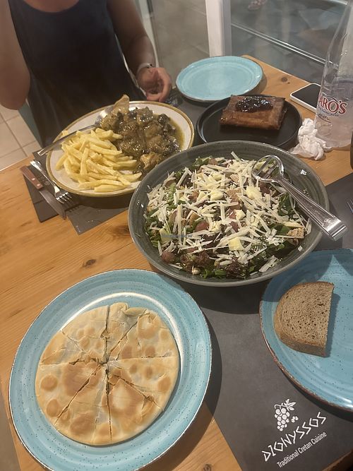 Dionyssos salad, fennel pie, fava (not in the picture)  at Taverna Dionyssos in Crete