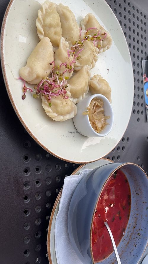 potato pierogi and borsch (make sure to ask for vegan)  at MEEPLES RESTOBAR in Województwo Małopolskie