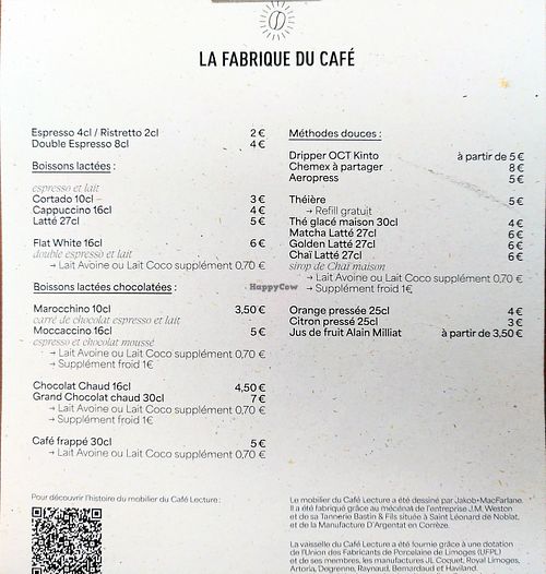 Drinks menu at La Fabrique du Café  in Limoges