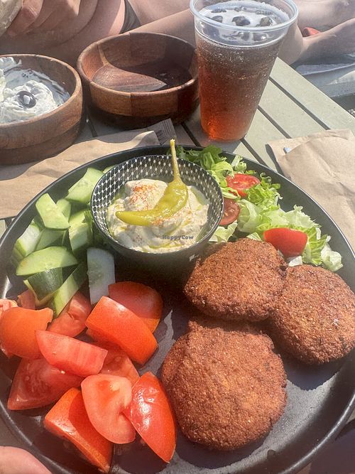 Falafel burger without the bun, with humus and greens   at Barbarossa Seaside in Rhodes