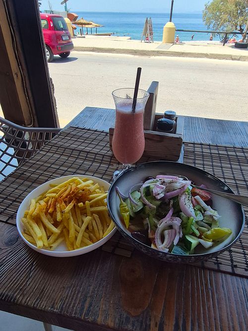 Salad, salad, fries n strawberry smoothie at Barbarossa Seaside in Rhodes
