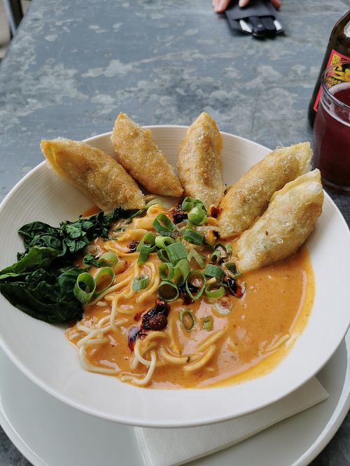 Groentegyozas in a red curry sauce at Het ketelhuis in Noord-brabant