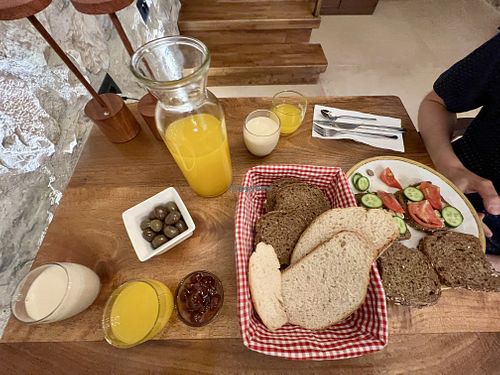 Avocado toast, salad, juice and bits. More available from the buffet   at Grandview Hotel in Qarku I Beratit