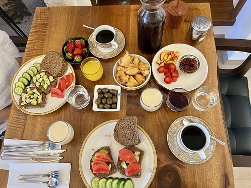 Avocado toast, soya milk, fruit, salad, savoury doughnuts (vegan)   at Grandview Hotel in Qarku I Beratit