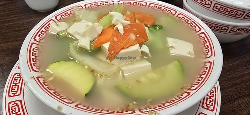 Vegan vegetables and bean curd soup with added ginger at Golden House Chinese Restaurant in Cheyenne