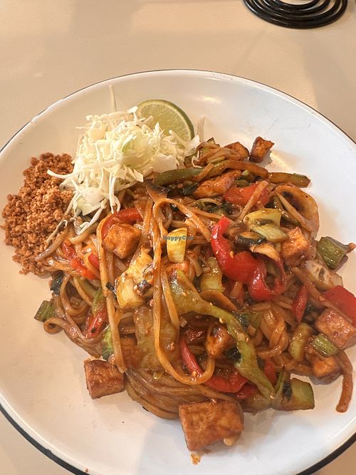 Pad Thai made vegan with egg, subbing the meat for veggies, and adding tofu    at Tuk Tuk Boom  in Jackson