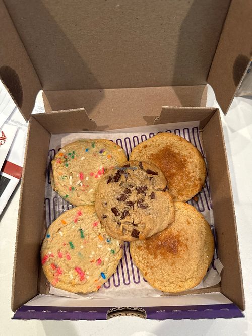 Birthday Cake, Chocolate Chunk and Fried Ice Cream Filled cookies  at Insomnia Cookies  in Asheville
