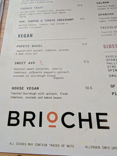 Vegan menu options at Brioche Coffee & Brunch in West London