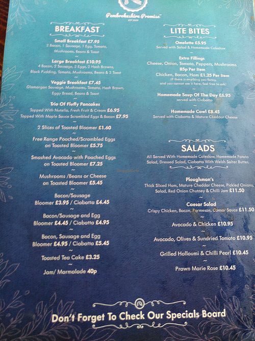Menu at Pembrokeshire Promise in Wales