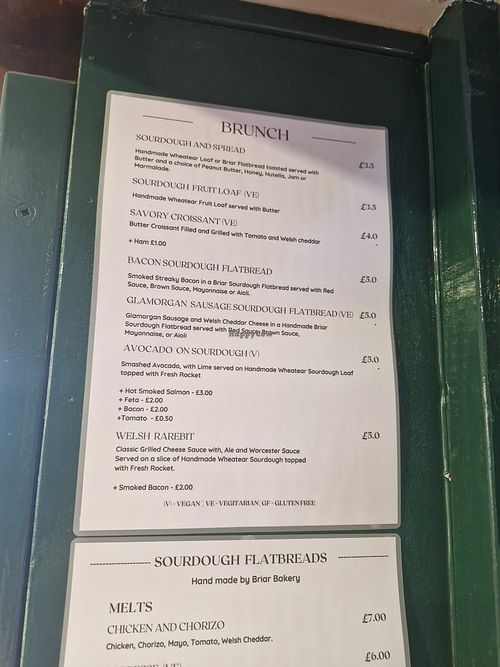 Brunch menu (V is vegan) at Nook & Noble Cafe in Ceredigion