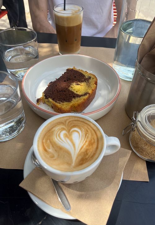 Coffee with plant-based milk and vegan cake  at Peggy Sue in Athens