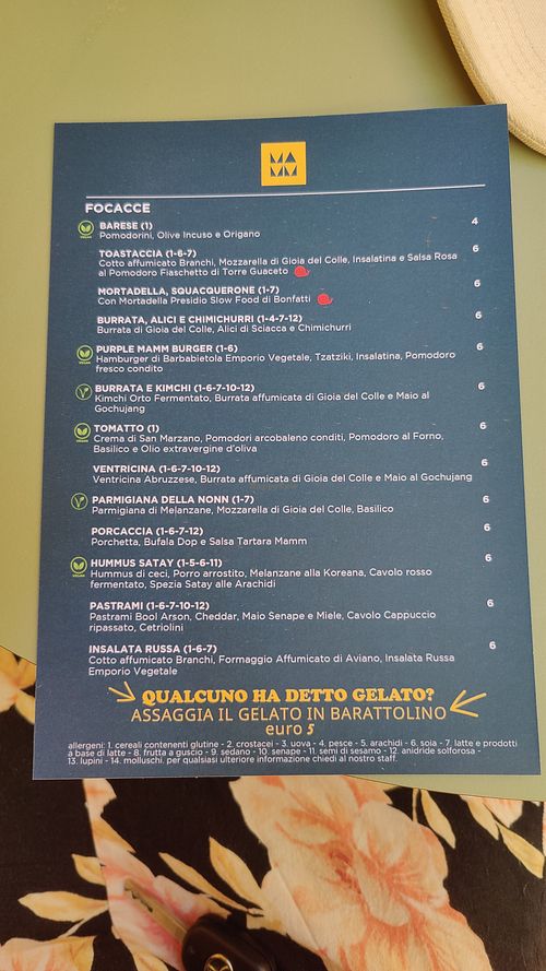 Menu at Mamm Ciclofocacceria in Emilia-romagna