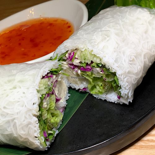 Fresh Rolls: Rice Paper, Vermicelli, Mixed Greens, Red Cabbage, Cucumber, Peanut Dip (subbed Chili Sauce), OMIT Shrimp at Rak Thai - Food Stall in Grand Rapids