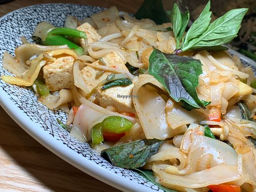 Drunken Noodles: Wide Rice Noodles, Onions, Bell Peppers, Basil, Garlic Soy, OMIT Egg at Rak Thai - Food Stall in Grand Rapids
