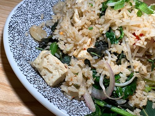 Rak Fried Rice: Basil, Onions, Bean Sprouts, Garlic, Soy, add Steamed Tofu, OMIT Egg at Rak Thai - Food Stall in Grand Rapids