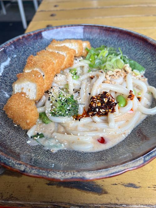 tofu and udon noodles with broccoli in peanut sauce, was quite mild so we added extra chilli at LêLê in Berlin