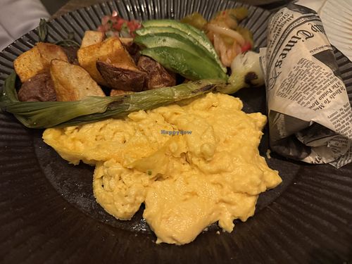Scrambled Just Eggs with pico de gallo, sauteed vegetables, potatoes, avocado, tomatillo salsa, and warm flour tortillas (from the brunch menu)  at Amaya Modern Mexican  in Las Vegas
