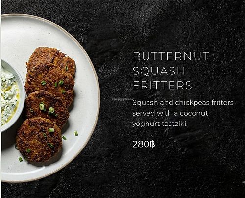 Squash and chickpeas fritters served with a coconut yoghurt tzatziki. at Secret Mountain in Koh Phangan