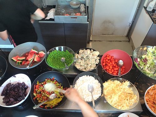 Only cottage cheese and potato salad weren't vegan at one summery Wednesday. Plus very good bread rolls and pea paste and mushed avocado. at Ravintola Huvila in Uusimaa