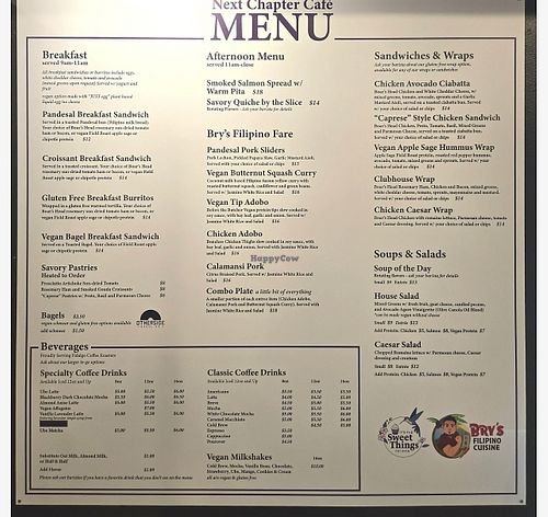 The menu  at Next Chapter Cafe in Bellingham