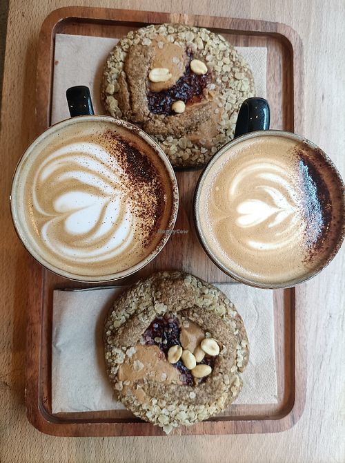 Peanut butter and jam cookies and cappuccino with oat milk at Fairhill Coffee in County Galway